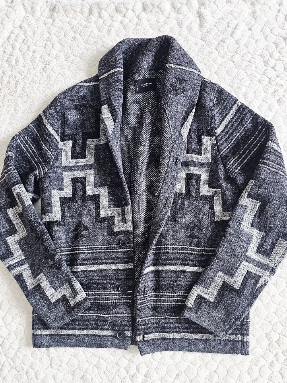 Lucky Brand Men's Shawl Collar Geometric Pattern Sweater Cardigan - Dark Gray